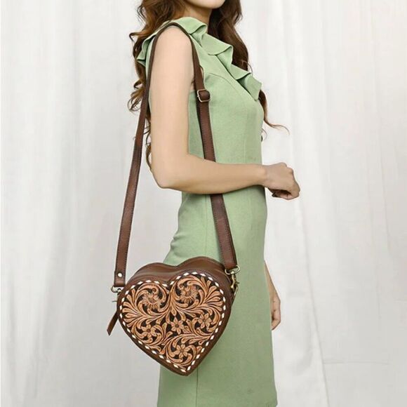 New Heart Canteen Purse American Darling Genuine Western Tooled Leather Women - Picture 2 of 11